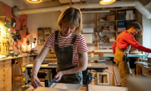Female carpenter prepares wooden blocks for gluing, set up clamp in woodworking shop. Manual labor